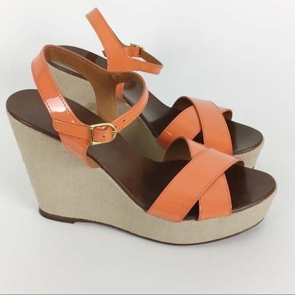 JCREW J CREW Size 7 Orange Patent Leather Strappy Wedges Platform Heels Sandals - Picture 2 of 9